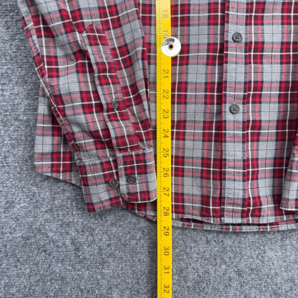 Banana Republic Untucked Fit Mens M 100% Cotton Red Gray Plaid Button Down Shirt